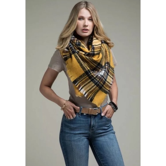 SOLD OUT Mustard Glen Plaid Square Blanket Scarf - Picture 2 of 4